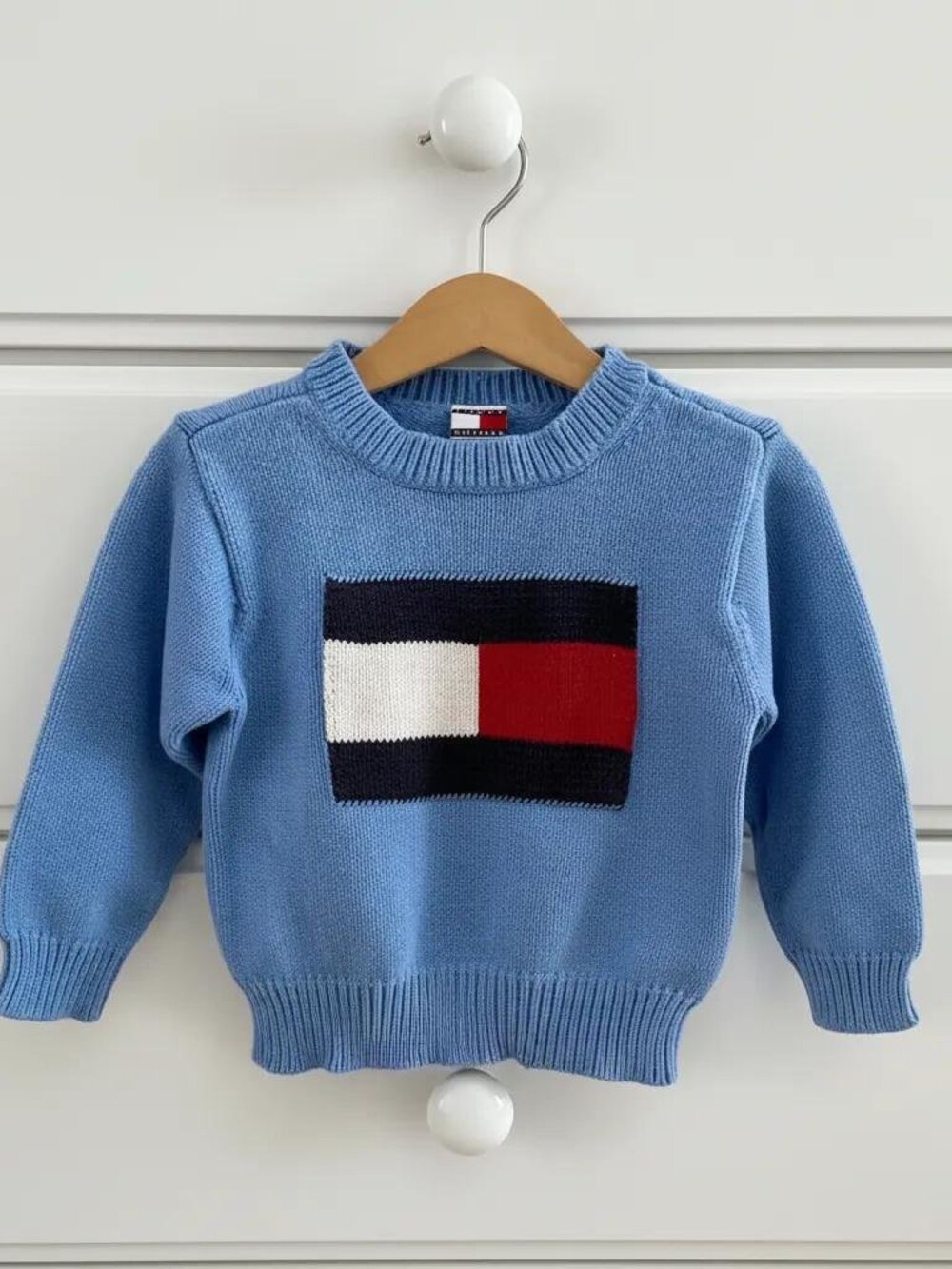 Vintage Tommy Hilfiger Blue Knit Flag Logo Pullover Sweater size 2T